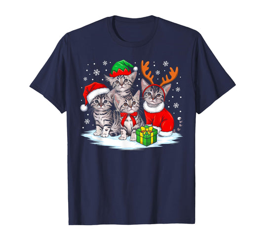 Cat Christmas Lights Reindeer Santa Hat Christmas Cat Lover T-Shirt for Men Women Kids