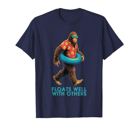 Vintage Floats Well With Others Funny Bigfoot Summer Pool T-Shirt
