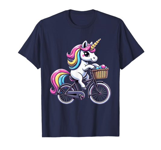 Unicorn Riding Bicycle Boys Girls Women Kids Teen Rainbow T-Shirt