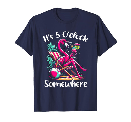 It's 5 O'clock Somewhere Flamingo Drinking Beach Vacation T-Shirt