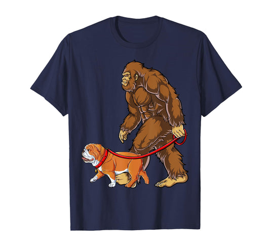 Bigfoot Dog Walk English Bulldog Men Sasquatch Lover Gifts T-Shirt