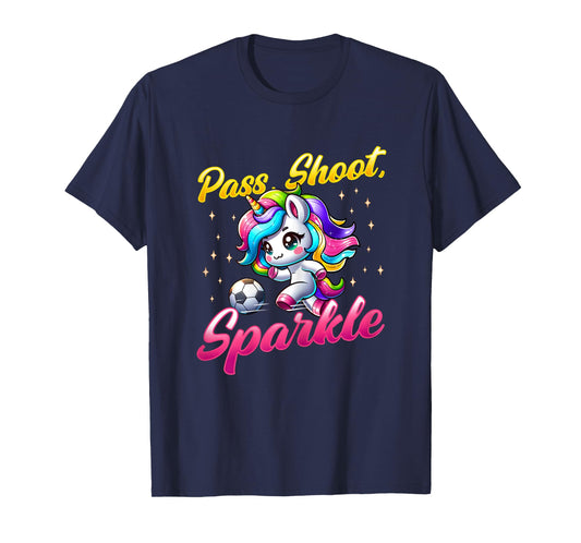 Pass Shoot Sparkle Soccer Player Unicorn Women Girls T-Shirt