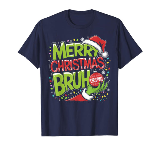 Merry Christmas Bruh Green Hand Santa Hat Xmas Family Pjs T-Shirt