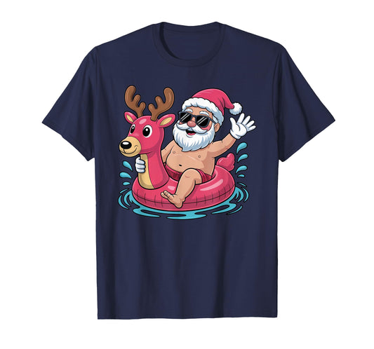Santa Swimming At Pool Christmas in Summer July Beach Party T-Shirt