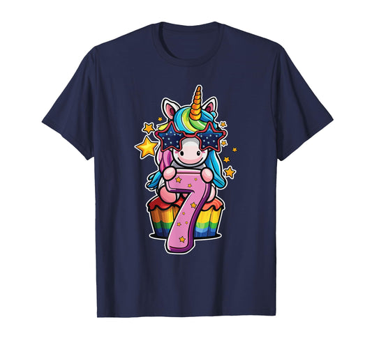 Unicorn Happy 7th Birthday Age 7 Rainbow Cupcake Cute Party T-Shirt