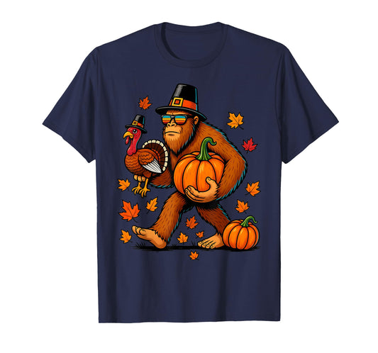 Pilgrim Turkey Pumpkin Thanksgiving Day Bigfoot Boys Men T-Shirt
