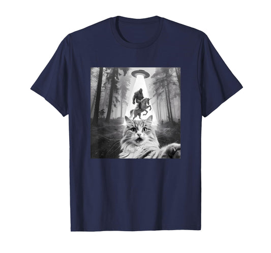 Funny UFO Cat Selfie with Bigfoot Forest Unicorn Sasquatch T-Shirt