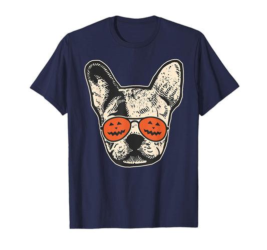 Frenchie in Pumpkin Sunglasses - French Bulldog Halloween T-Shirt
