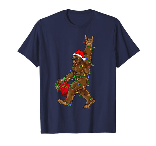 Santa Bigfoot Christmas Lights Rock Funny Sasquatch Believe T-Shirt