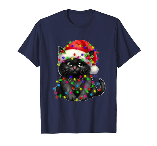 Black Cat Christmas Light Santa Hat Xmas Christmas Cat Lover Men Women Kids T-Shirt