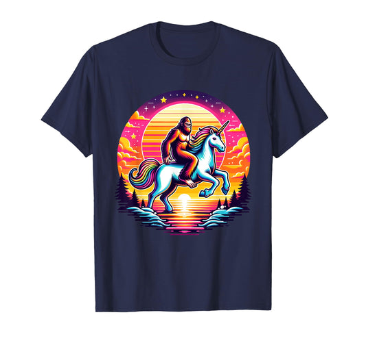 Bigfoot Riding Unicorn! Funny Sasquatch Unicorn Retro Sunset T-Shirt