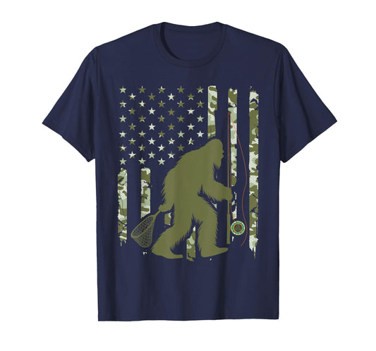 Bigfoot Sasquatch Fly Fishing American Flag Camo Vintage T-Shirt