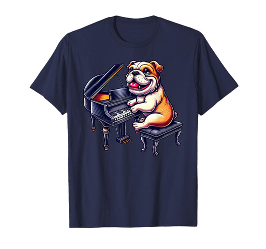 Cute English Bulldog Dog Playing Piano Musician Music T-Shirt