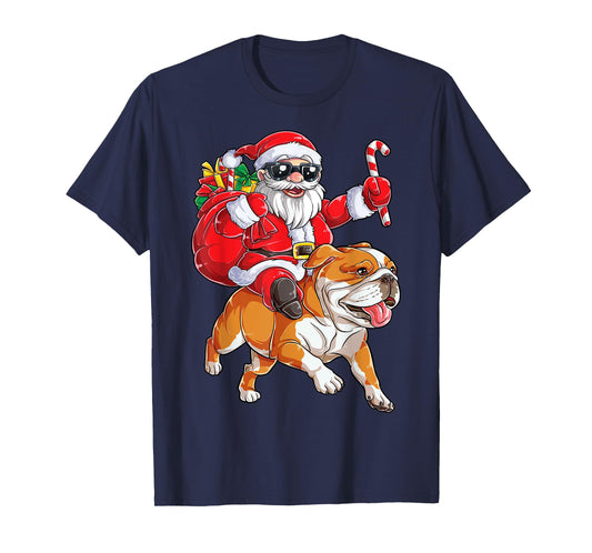 Christmas Santa Claus Riding English Bulldog Xmas Boys Dog T-Shirt