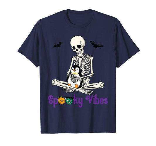 Skeleton Hugging Penguin Cute Spooky Vibes Halloween Day T-Shirt