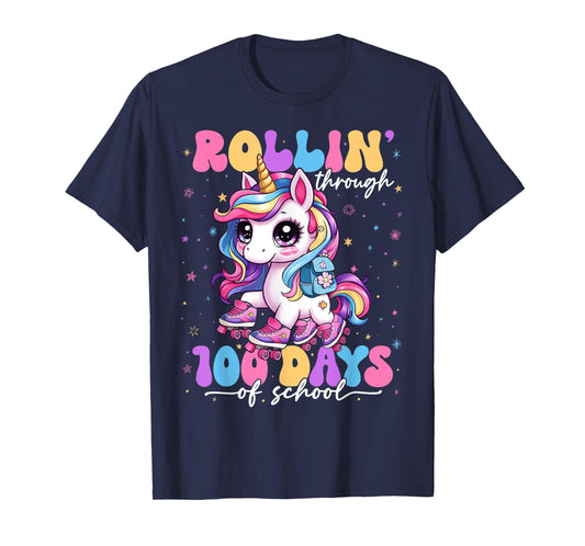 Rollin' Through 100 Days Of School 100th Day Unicorn Teacher T-Shirt