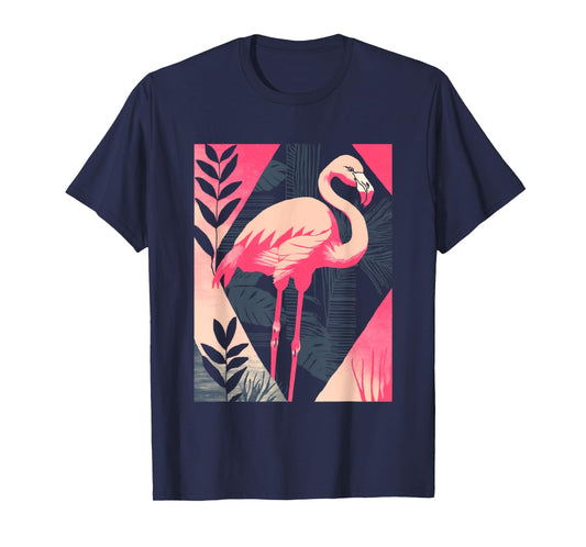 Palm Fronds Art Deco Retro Tropical Flamingo T-Shirt
