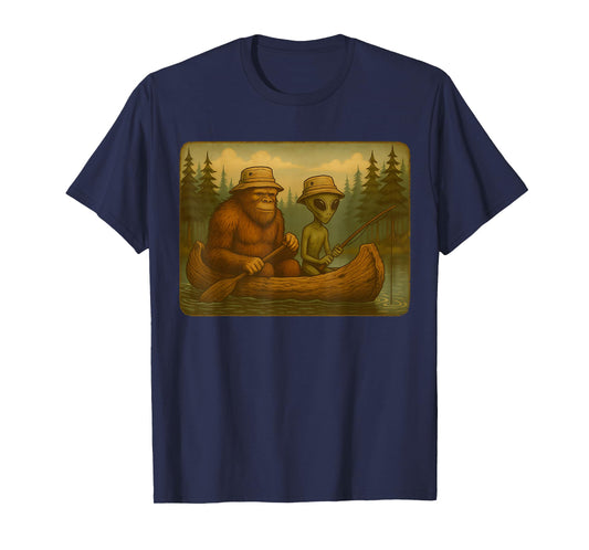 Bigfoot Alien Fishing Design Men Boys Sasquatch Fishing T-Shirt