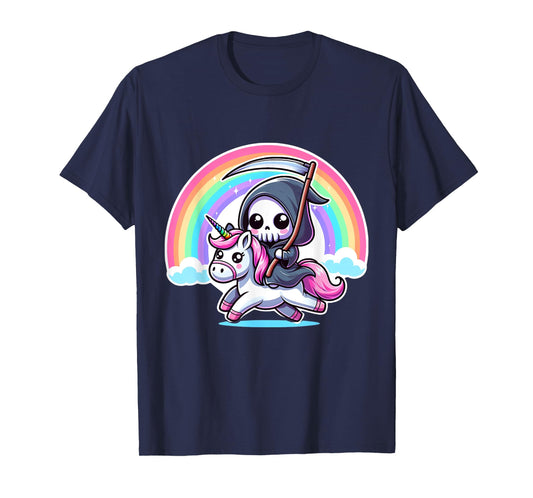 Grim Reaper Riding Unicorn Funny Rainbow Heavy Metal T-Shirt