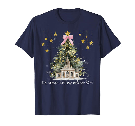Oh Come Let Us Adore Him Jesus Christmas Xmas Tree Holiday T-Shirt