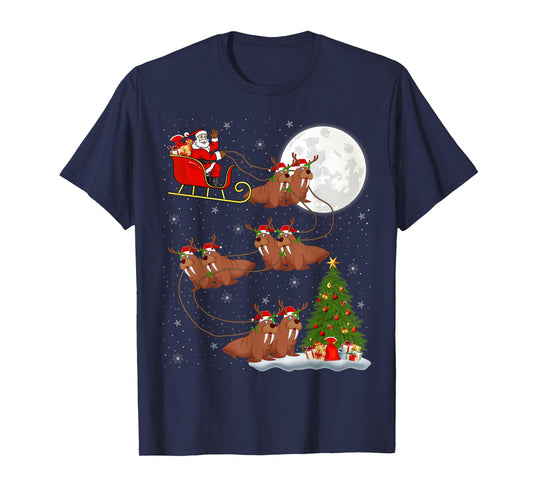 Xmas Tree Lights Funny Santa Riding Walrus Christmas T-Shirt