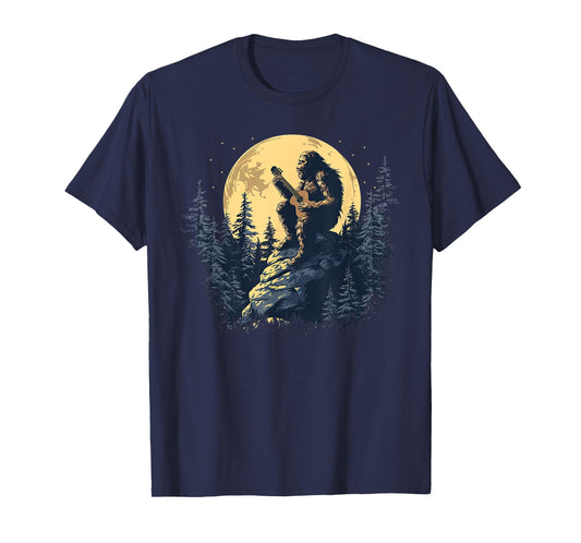 Bigfoot Playing Guitar Full Moon Funny Sasquatch T-Shirt