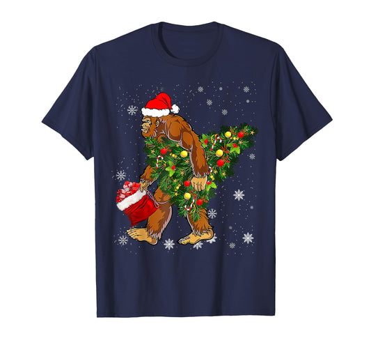 Bigfoot Carrying Christmas Tree Sasquatch Believer Pajama T-Shirt