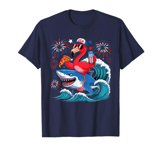 Flamingo Riding Shark With Beer Pizza 4th Of July Patriotic T-Shirt