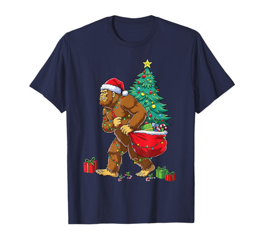 Santa Bigfoot Christmas Tree Xmas Lights Funny Sasquatch T-Shirt