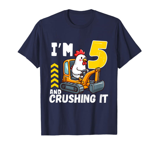 Kids Five 5yr 5th Birthday Construction Boy 5 Years Old Chicken T-Shirt