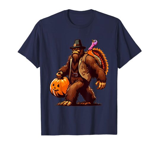 Bigfoot Pilgrim Turkey Pumpkin Thanksgiving Day T-Shirt