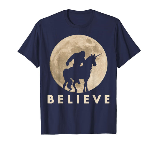 Bigfoot Riding a Unicorn Against a Full Moon Shirt, Believe! T-Shirt