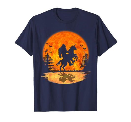 Bigfoot Sasquatch Riding Unicorn In The Moonlight Halloween T-Shirt