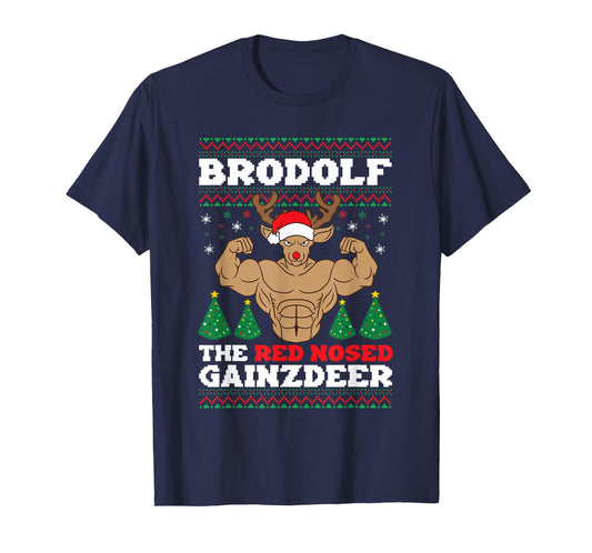 Brodolf Funny Christmas Buff Reindeer Gym Bodybuilding Xmas T-Shirt