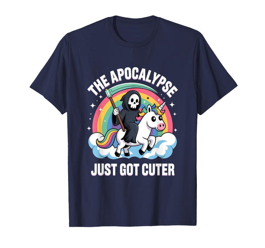 Cute Cartoon Grim Reaper Riding Rainbow Unicorn T-Shirt