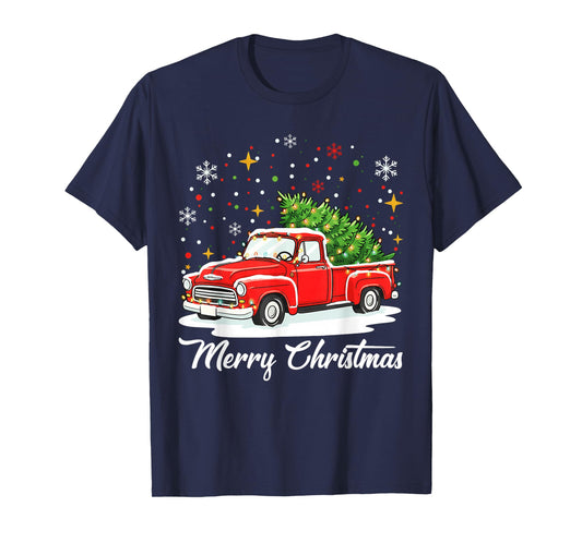Vintage Merry Christmas Red Truck Xmas Tree Family T-Shirt