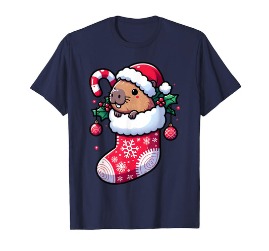 Cute Capybara Wearing Santa Hat in Christmas Stocking Pajama T-Shirt
