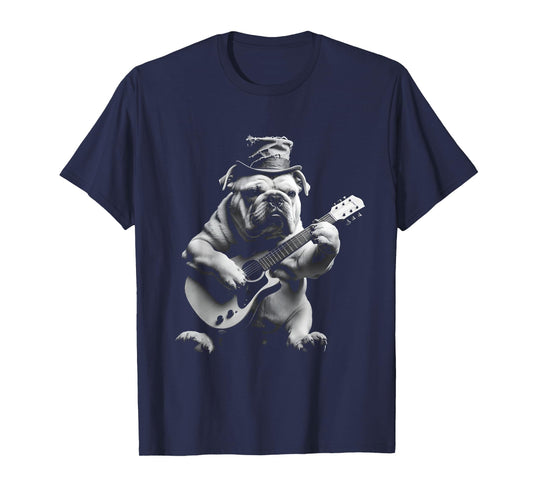 Funny Rock Star Bulldog Playing Guitar T-Shirt