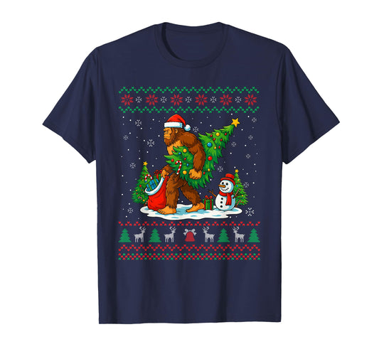 Bigfoot Santa Ugly Christmas Tree Funny Xmas Lights Men Kids T-Shirt