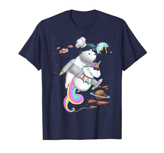 Polar Bear Riding Unicorn Food Pizza Space Party Planet T-Shirt