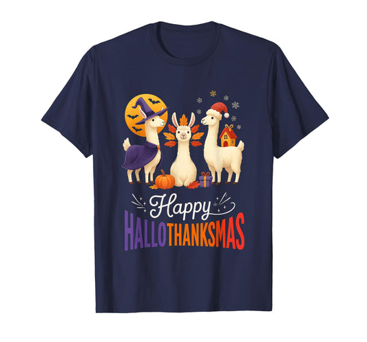 Happy Hallothanksmas Llamas Halloween Thanksgiving Xmas Fun T-Shirt