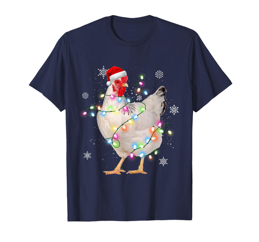 Santa Chicken Christmas Lights Farmer Xmas Chicken Lover T-Shirt