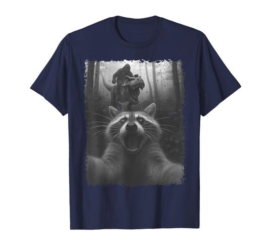 Funny Raccoon Selfie with T-Rex Dinosaur and Bigfoot T-Shirt