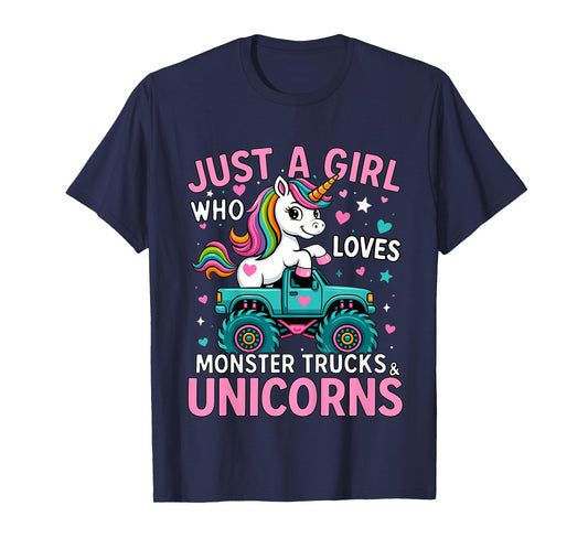 Kids Just a Girl Who Loves Monster Trucks and Unicorns T-Shirt