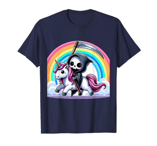 Grim Reaper Riding Unicorn Funny Rainbow Heavy Metal T-Shirt
