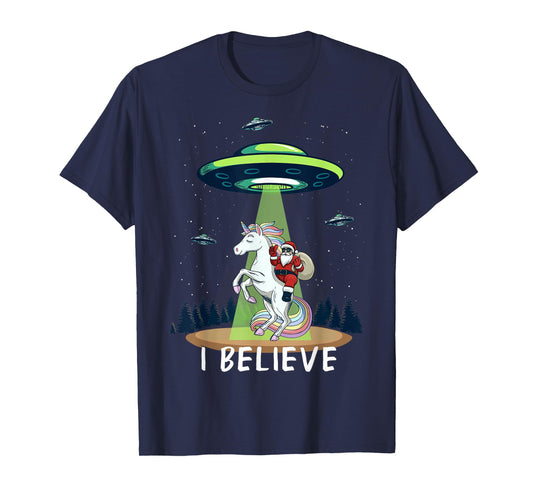 Santa Claus Riding Unicorn Alien space UFO Christmas Design T-Shirt