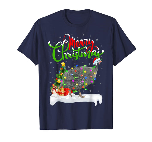 Xmas Lights Tree Santa Guinea Fowl Bird Merry Christmas T-Shirt
