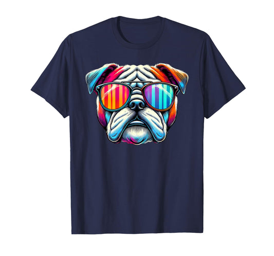 Colorful English Bulldog Wearing Sunglasses Men Women Girls Kids T-Shirt