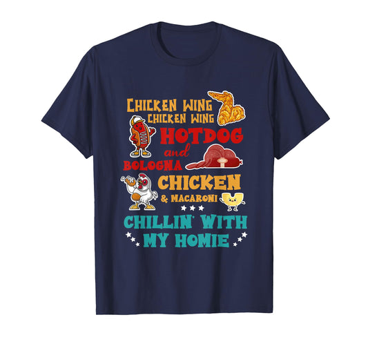 Chillin' With My Homie Thanksgiving Day Turkey Chicken Wing Hot Dog And Bologna Chicken & Macaroni T-Shirt - Unisex-Adults - Black - Small - Short Sleeve - Thanksgiving-Themed Dog Design