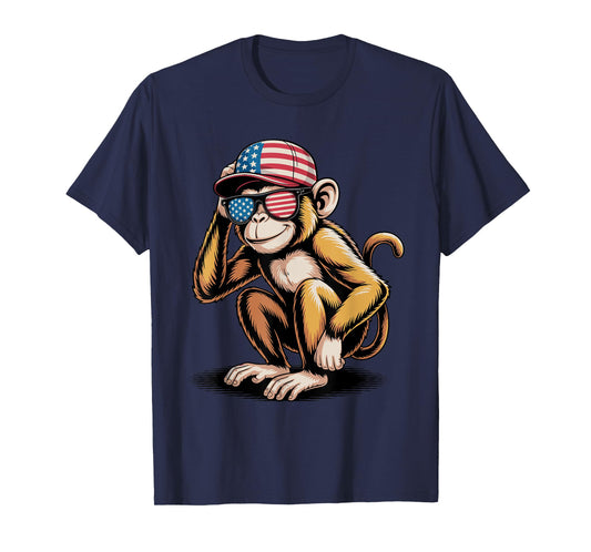 Funny Monkey USA Flag Sunglasses Independence 4th of July T-Shirt